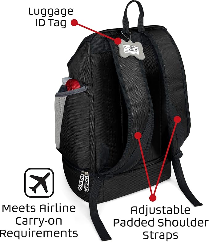 Mobile Dog Gear, Dog Travel Bag, Drop Bottom Week Away Backpack for Medium and Large Dogs, Includes 2 Lined Food Carriers and 2 Collapsible Dog Bowls, Black