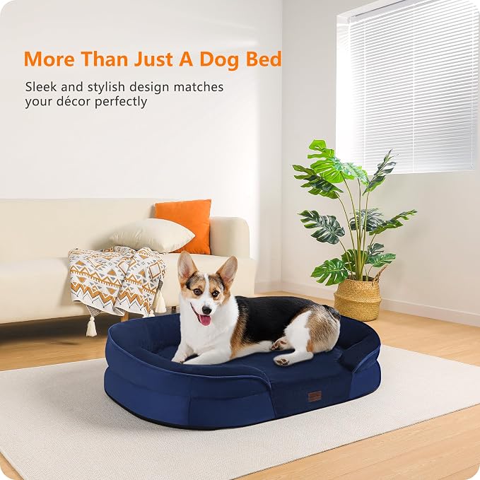 Dwanton Orthopedic Dog Bed for Medium Dogs with Gel Memory Foam, Waterproof Dog Sofa, Washable Pet Bed with Four Sided Bolster Cushion, Removable Cover & Non-Slip Bottom, 36", Navy Blue