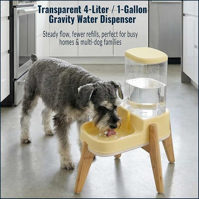 Elevated Dog Water Dispenser with Bamboo Stand for Medium Large Dogs, 4L 1 Gallon Gravity Dog Water Bowl Dispenser, Raised Automatic Dog Water Station, Custom Fit Non Slip Anti Tip Stand