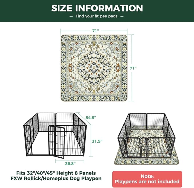FXW Washable Pee Pads for Dogs, Puppy Pads with Super Absorbent, Specifically Designed for FXW Rollick/Homeplus 32/40/45inch 8 Panels Dog Playpen, 71" Square, Boho Beige, 1 Pack