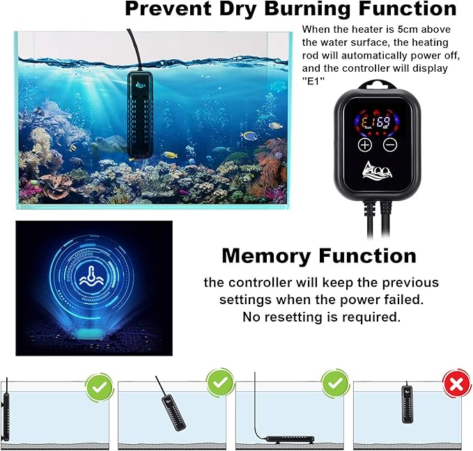 AQQA Submersible Aquarium Heater,100W/200W/300W/500W/800W/1000W/1200W Fish Tank Heater,External Temperature Controller LED Temperature Display,Suitable for Saltwater and Freshwater(500W)