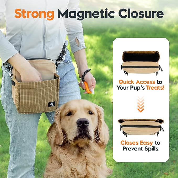 Dog Training Treat Pouch, Magnetic Fanny Pack for Walking, Crossbody Dog Walking Bag with Poop Bag Dispenser, Clicker & Collapsible Bowl - Khaki