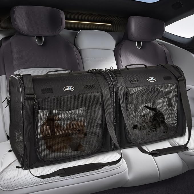 Wakytu 2-in-1 Pet Carrier for Cats & Dog, Travel Carrier for Camping | Extra-large fits 2 cats up to 25lbs each, includes 2 hammocks, carry bag, bowls & stakes. Car seatbelt pass-through