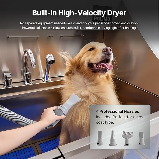 POLIMO Dog Washing Station with Built-in Pet Dryer and LED Display 50" (Right Ramp), 304 Stainless Steel Dog Bathtub for Large Medium Small Dogs, Wash and Dry Grooming Tub with Faucet, Storage Drawer