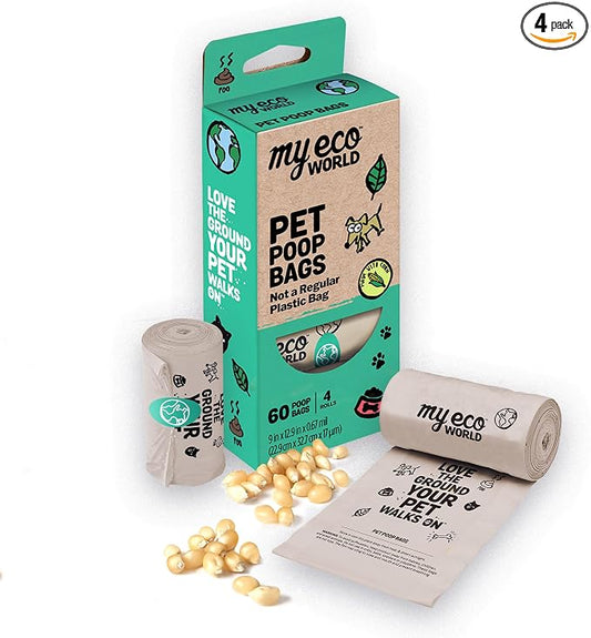 MyEcoWorld® Compostable Pet Poop Bags - Made with Corn and Other Certified Compostable Materials - 60 Bags - 4 Roll - Extra Strong - Leak Proof - Unscented - Easy to Open