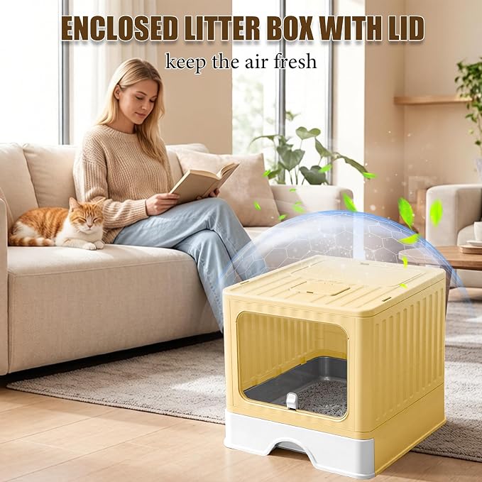 Stainless Steel Cat Litter Box with Lid, Top & Front Entry Enclosed Metal Litter Box, Large Covered Drawer Type Foldable Litter Pan with Litter Scoop & Mat, Easy to Clean, Odor Control (Yellow)