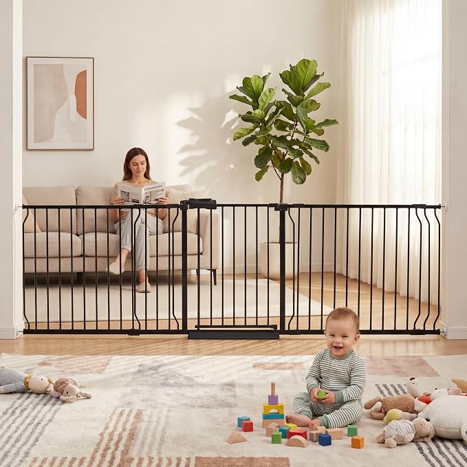 Extra Wide Baby Gate 86.3-105 Inch, Pressure Mounted Pet Gates No Drilling for Stairs & Doorways, Metal White Indoor Safety Gate for Kids and Dogs