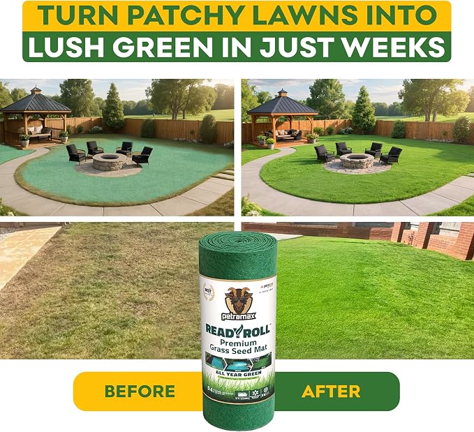 Petramax ReadyRoll Biodegradable Grass Seed Mat for Lawn (432 ft.) - All Year Green 3-in-1 Tall Fescue & Kentucky Grass Seed Rolls w/Mulch & Fertilizer - Lawn Repair Patch - Just Roll, Water, Grow
