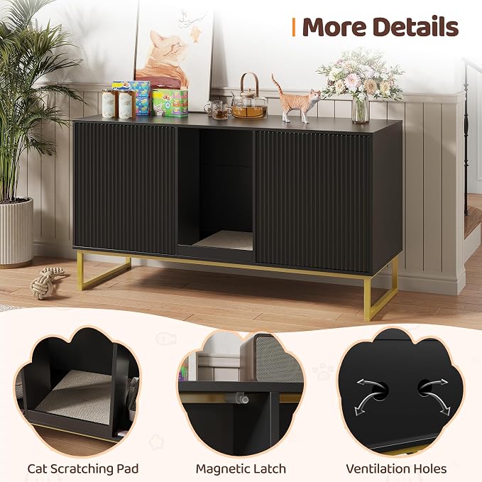 Kitty Litter Box Enclosure for 2 Cats, Small Hidden Cat Litter Box Furniture with Scratch Pad, Modern Fluted Double Litterbox Cabinet TV Stand for Kittens, Black