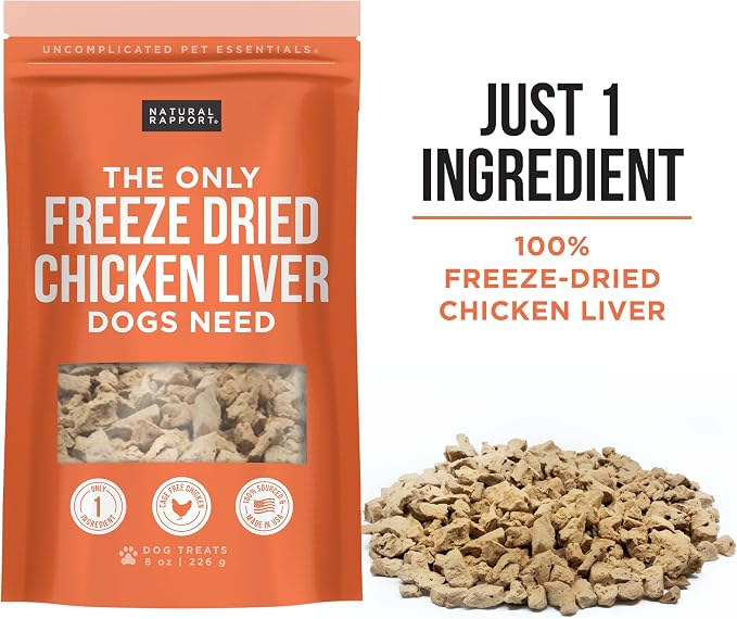 Natural Rapport Freeze Dried Chicken Liver Dog Treats - Single Ingredient, High Protein Training Treats for Small & Large Dogs (8 oz Value Size) (1000+ Treats)