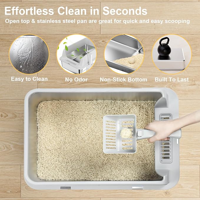 TENTIZON 2 Pack Stainless Steel Cat Litter Box, XL Large Metal Kitty Litterbox with High Side Lids, Litter Mat, Scooper for Big Cats, Multi Cats, No Odor, No Mess, Leak Proof, Easy Clean, Non Stick