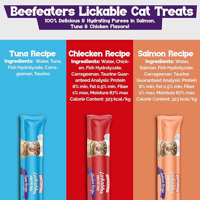 Beefeaters wet cat treats lickable 120 Count Puree Variety Pack - Salmon Tuna Chicken for Hydration & Training, Grain Free Taurine Enriched High Moisture, lickable cat treat squeeze up for Picky Eater
