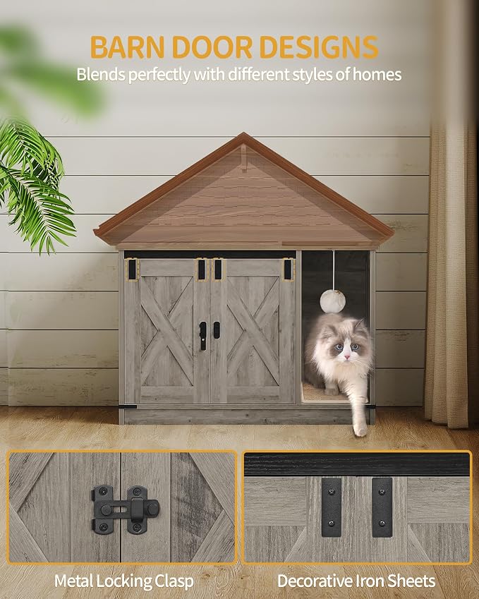 Hzuaneri Cat Litter Box Enclosure, Hidden Litter Box Cabinet Furniture with Bell, Indoor Cat House, Farmhouse Style, 31.5 x 19.7 x 20.9Inches, for Hallway, Bedroom, Light Ivory and Brown CB82405X
