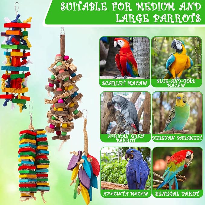 Soulchen 4 Pcs Extra Large Bird Parrot Toy Set Natural Wooden Chewing Toy, Rattan Ball, Wood Nut Loofah String (Bagged) for Large Macaws, African Grey, Parrots (Wood Leaf)
