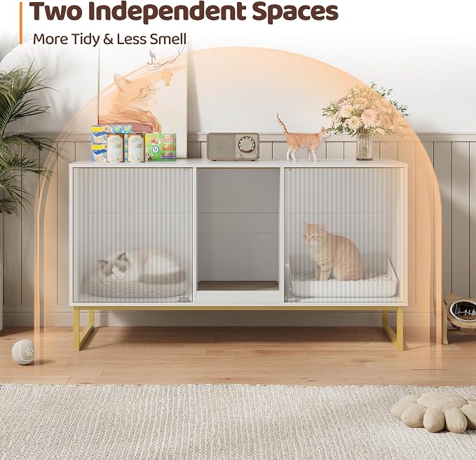 Kitty Litter Box Enclosure for 2 Cats, Small Hidden Cat Litter Box Furniture with Scratch Pad, Modern Fluted Double Litterbox Cabinet TV Stand for Kittens, White