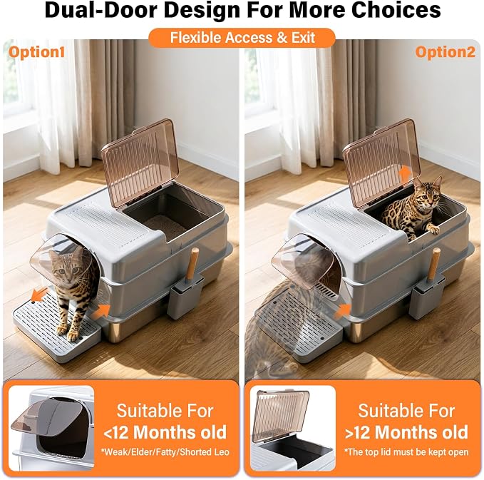 Enclosed Stainless Steel Cat Litter Box with Lid, XXXL Metal Litter Box with Collection Tray & Scoop, Odor-Free/Anti-Leakage & Non-Stick/Easy Clean, High-Sided Litter Box for Multiple Big Cats