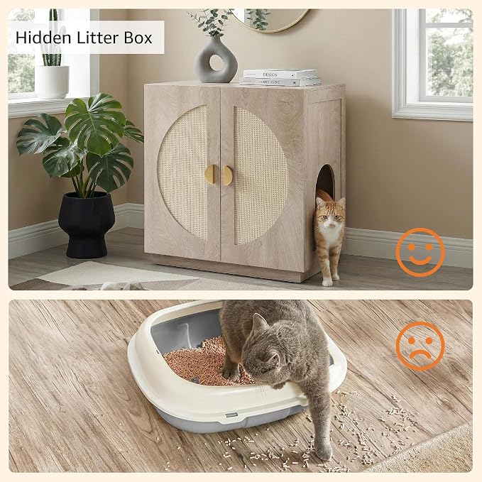 unipaws Cat Litter Box Enclosure with Shelves, Tall Hidden Litter Box Cover for Tall or Top Entry Litter Box, Kitty Enclosed Litter Box Cabinet, Cat Box Furniture, Grey