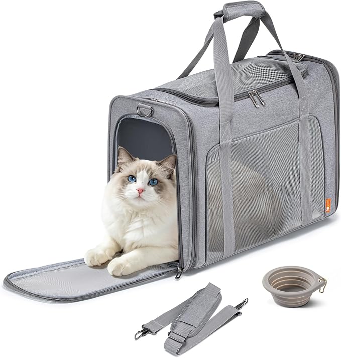 Soft-Sided Pet Carrier Bag Large 21.6inch Dog Carrier Cat Carriers for Medium Cats Dogs Puppies (Up to 26lbs) Collapsible Travel Puppy Carrier with Foldable Bowls Grey