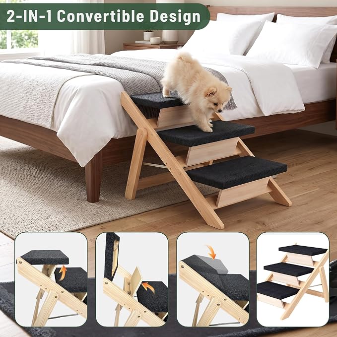 Dog Stairs/Ramp for Bed, Wooden 2-in-1 Foldable Pet Stairs & Ramp, Portable Dog Ladder Up to 180 Pound for Elderly/Short-Legged Dogs, 3 Steps for Beds, Couch, Cars