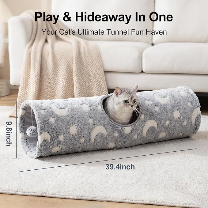 PAWISE Cat Tunnel for Indoor Cats, Glow in Dark Cat Tunnels with Pop-Up, 3-Way Collapsible Cat Play Tunnel Toy for Cats Kittens Rabbits, with Hanging Ball & Bell