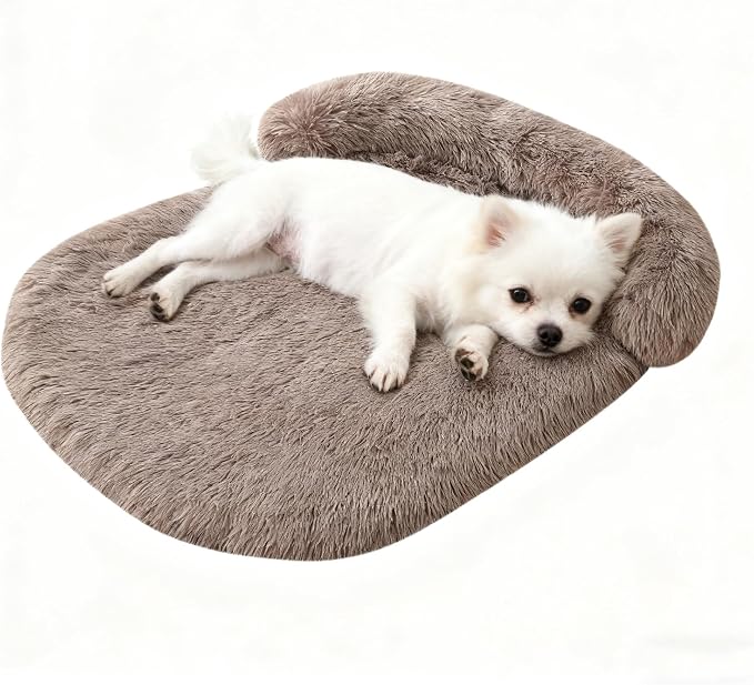Orthopedic Dog Bed with Egg-Crate Base, Calming Dog & Cat Beds Long Plush with Raised Edges, Spine Friendly Pet Sleeping Mat for Small Medium Dogs, Machine Washable (Oval, Brown 26"x20")
