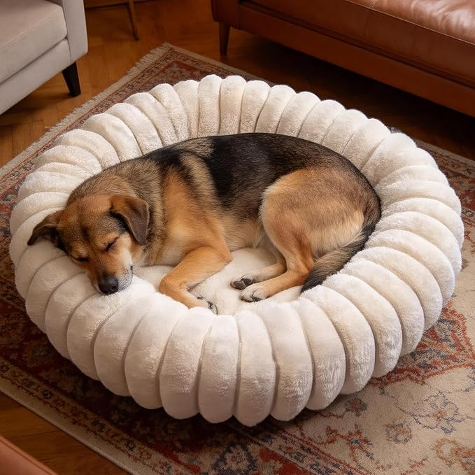 Donut Dog and Cat Bed, Luxurious Comfortable Faux Rabbit Fur Pet Beds, Round Anti-Anxiety Calming Puppy Kitten Bed with Anti-Slip Bottom for Small Medium Dogs & Cats(31", White)