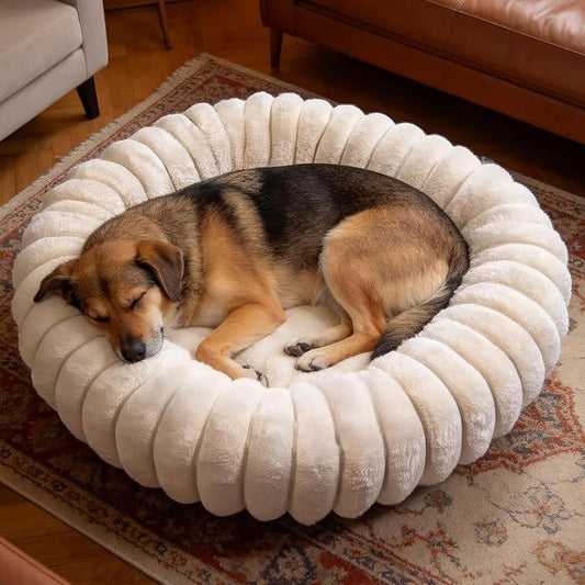 Donut Dog and Cat Bed, Luxurious Comfortable Faux Rabbit Fur Pet Beds, Round Anti-Anxiety Calming Puppy Kitten Bed with Anti-Slip Bottom for Small Medium Dogs & Cats(31", White)