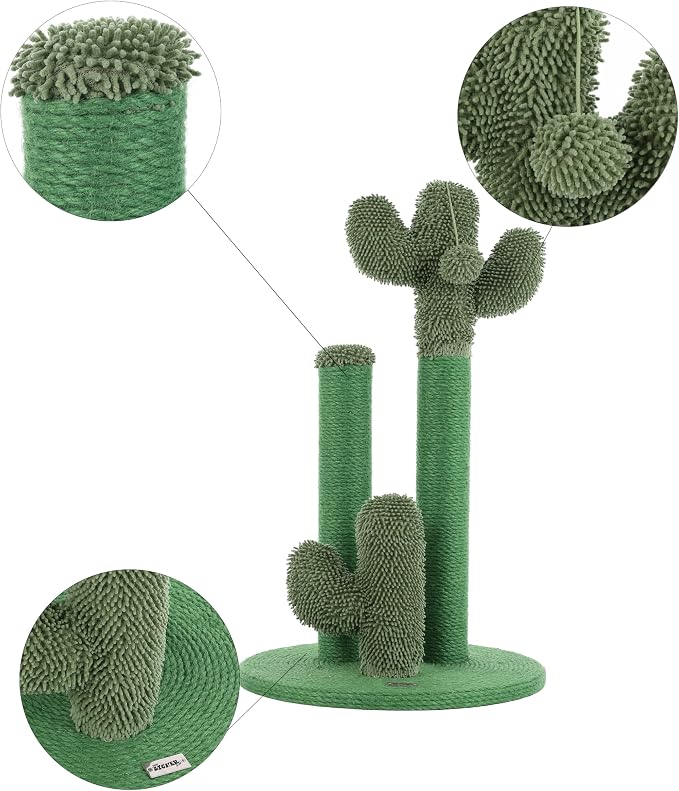 25.25" Modern Jute Triple-Cactus Cat Scratching Post Green | Toy Included, Plush Fabric, Scratchable Surface