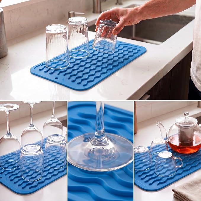 MicoYang Silicone Dish Drying Mat for Multiple Usage,Easy clean,Eco-friendly,Heat-resistant Silicone Mat for Kitchen Counter or Sink,Refrigerator or Drawer Liner Lichen BlueL S 12 inches x 6 inches
