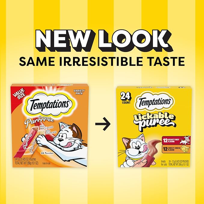 Temptations Creamy Puree Squeezable Lickable Cat Treats, Wet Cat Treats with Beef Liver and Cheese Variety Pack, 0.42 oz. Tubes, 24 Count