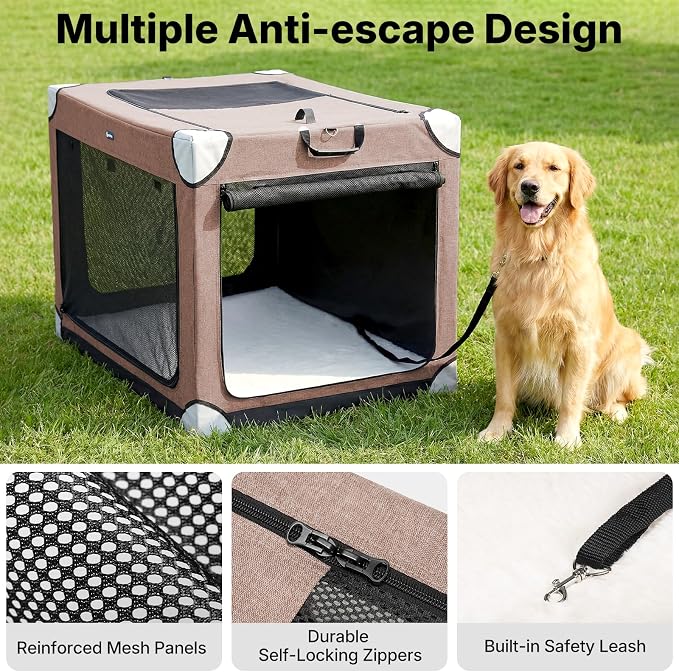 Veehoo Large Dog Crate for Indoor Outdoor, Portable Collapsible Travel Dogs Crate, 36 Inch Soft Foldable Pet Kennel with 4-Door Mesh Windows