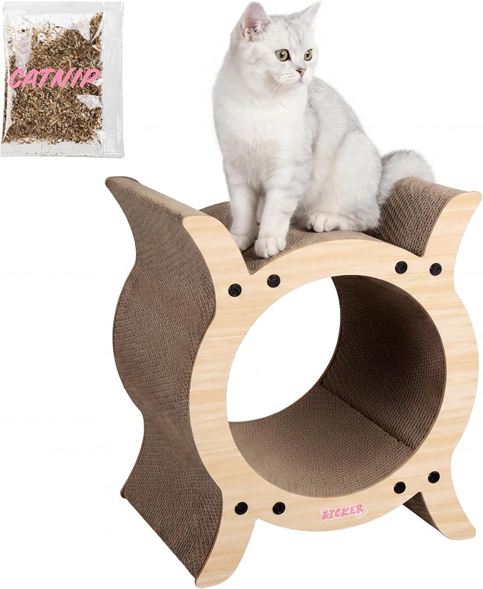 Nyan 16.5" Modern Cardboard Tunnel Cat Scratcher House with Catnip, Corrugated Indoor Cat Hideaway Den, Oak Wood Pattern Scratching Surface for All Cats CSR1007I