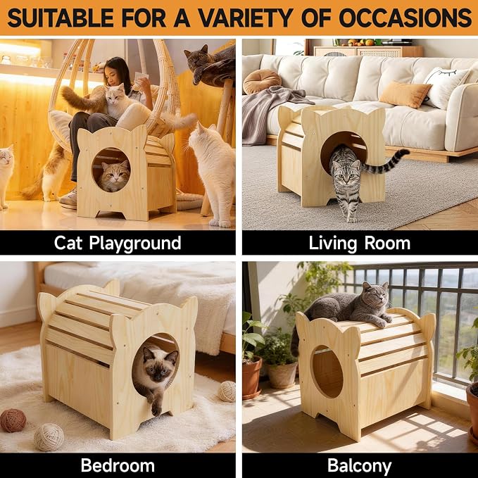 Indoor Solid Wood Cat House, Adorable Cat Head + Tunnel Design, Natural Wood Finish, Easy Assembly & Maintenance, Cozy Play Haven for Small Cats Kittens