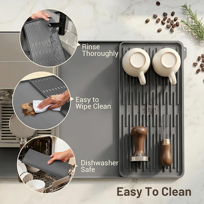 Silicone Coffee Mat for Countertop, 24x16 inch Heat Resistant Espresso Machine Mat, Non-Slip Coffee Bar Mat with Detachable Drying Area and Raised Edge, Waterproof Station Pad - Grey