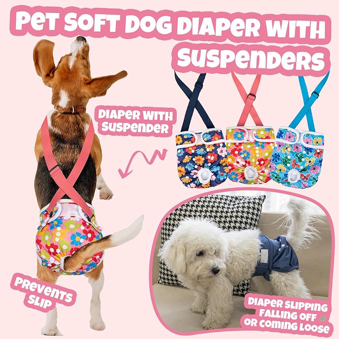 Pet Soft Dog Diapers Female with Suspenders, 3 Pack Reusable Female Dog Diapers for Heat, Dog Period Panties for Doggie in Cycle(X-Small, Floral)