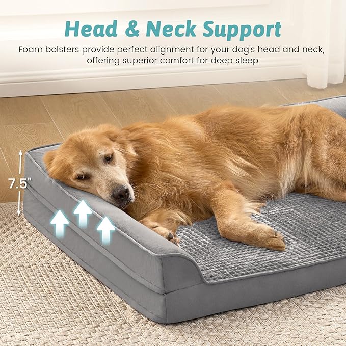COZY KISS Orthopedic Dog Bed for Extra Large, XXL Dogs Bed, L Shaped Foam Anti-Slip Bottom Giant Pet Cat Sofa with Washable Cover, Suitable for Pet Up to 150 lbs, 48x32x7.5 inch, Grey