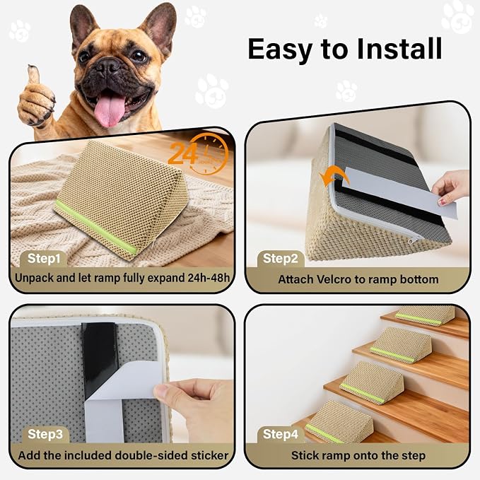 JoyBlooms Upgraded Dog Ramp for Stairs for Small & Senior Dogs Cats, 40D Density Foam Gentle 30° Slope Non-Slip Dog Stair Ramp with Glow Strip, Pet Ramp with Removable Washable Cover, Brown-2pcs