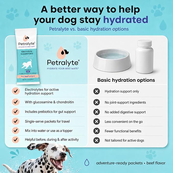 Petralyte Dog Electrolytes and Joint Supplement | Hydration Support for Dogs w/Glucosamine, Chondroitin & More | Electrolytes for Dogs with Prebiotics | for Beef Lovers | 32 Packets