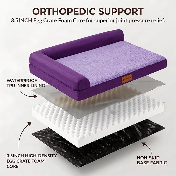 Patas Lague Orthopedic XL Dog Bed Large Sized Dog 42''X28'', Waterproof L Bolster Big Large Pet Sofa Beds with Removable Washable Cover, Soft Pet Couch Crate Mat with Nonskid Bottom, Purple