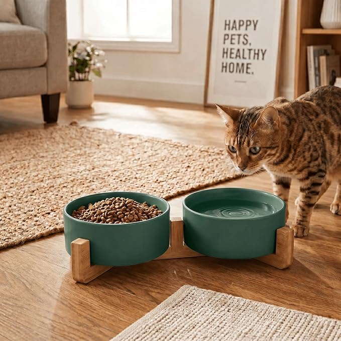 SPUNKYJUNKY Ceramic Dog and Cat Bowl with Wood Stand Non-Slip Matte Glaze Weighted Food Water Set for Cats &Small Dogs 13.5 OZ Green