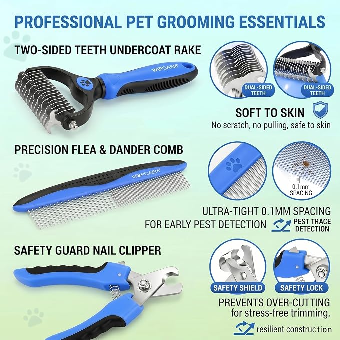 Self Cleaning Slicker Brush for Dog - 5 PCS Dog Brush Grooming Kit,Undercoat Rake Brush Comb for Small Large Dogs Cats, Dog Hair Brush Set, Grooming Deshedding at Home or Travel, Blue