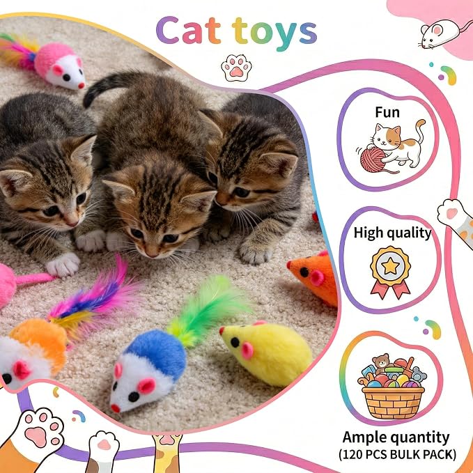 120 Pcs Fur Mice Cat Toys Furry Rattle Mouse Kitten Toy Assorted Interactive Cat Toys with Feather Tails for Indoor Cats Interactive Play Color Varies