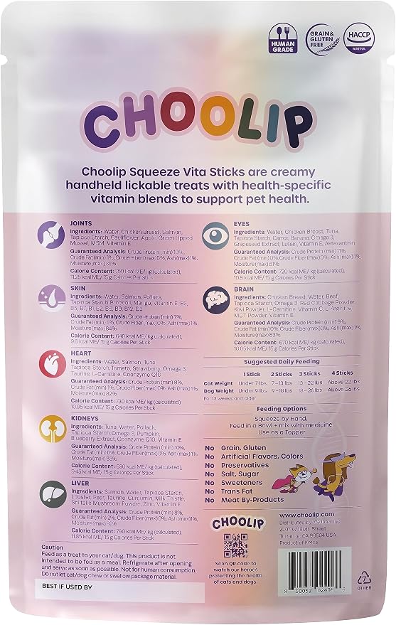 Choolip Squeeze Vita Stick Lickable Cat and Dog Treats - 7-Count Variety Pack - Creamy Puree with Multivitamins for Joints, Skin, Heart, Kidney, Liver, Eyes & Brain - Grain-Free & Vet-Formulated