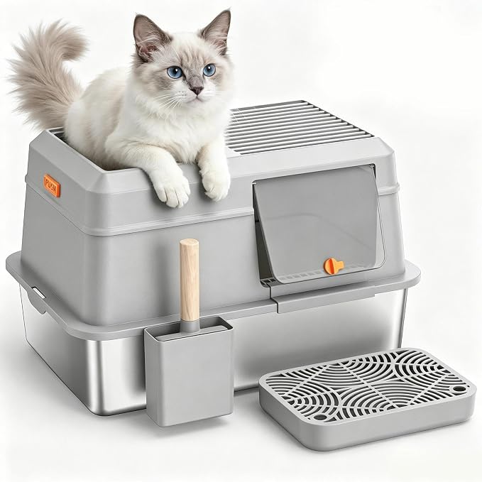 Extra Large Enclosed Stainless Steel Litter Box with Lid，Side Entry Top Exit High Sided Metal Cat Litter Pan，Non-Stick Easy Cleaning Anti-Urine Leakage for Big Cats，Includes Scoop & Step, Grey