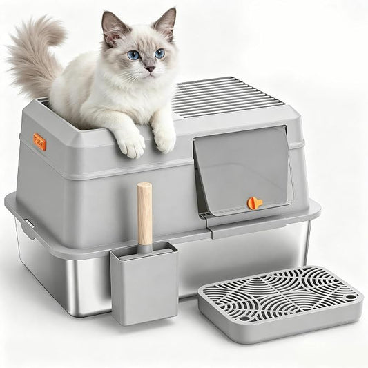 Extra Large Enclosed Stainless Steel Litter Box with Lid，Side Entry Top Exit High Sided Metal Cat Litter Pan，Non-Stick Easy Cleaning Anti-Urine Leakage for Big Cats，Includes Scoop & Step, Grey