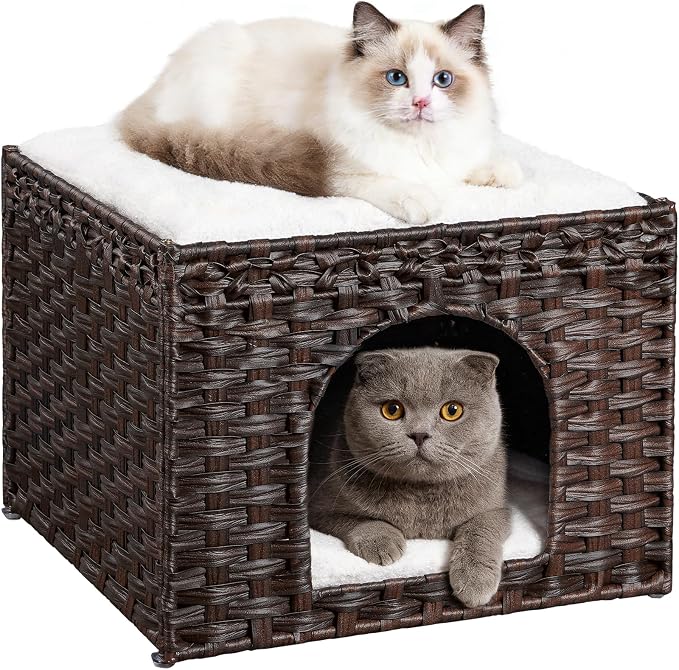 Snughome Handwoven Rattan Cat House - Indoor Foldable Cat Bed Cave with 2 Removable Bed Mats, Large Kitten House, Hideaway Pet Cube, 16.54 x 16.54 x 12.6 Inches, Brown, for Living Room & Bedroom