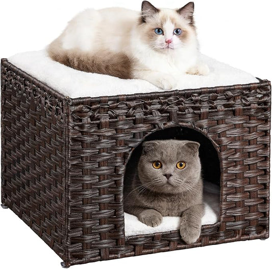 Snughome Handwoven Rattan Cat House - Indoor Foldable Cat Bed Cave with 2 Removable Bed Mats, Large Kitten House, Hideaway Pet Cube, 16.54 x 16.54 x 12.6 Inches, Brown, for Living Room & Bedroom