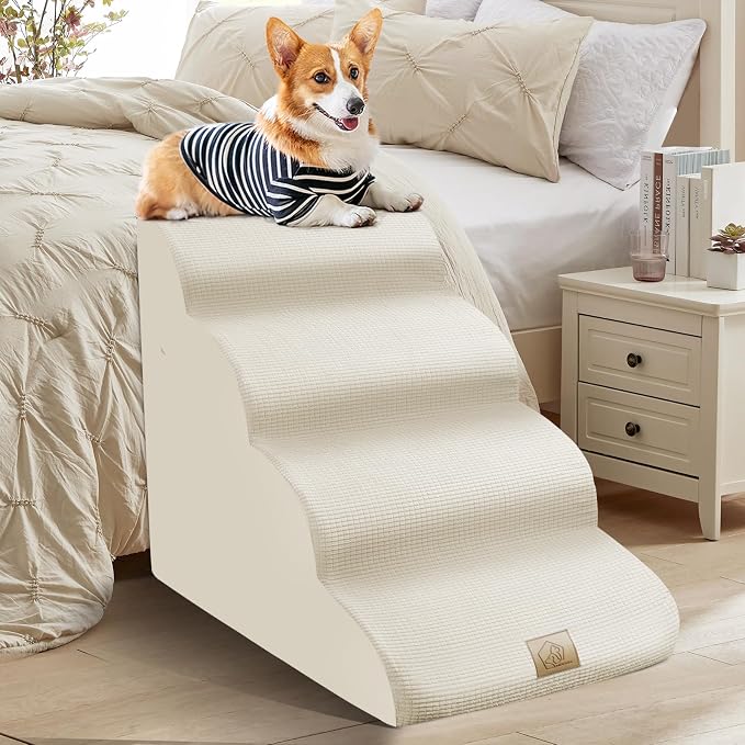 Mestuel Dog Stairs for Small Dogs Cats, Small Pet Stairs Steps, Foam 6-Tier Pet Stairs Steps for Couch Sofa, Dog Ramp Ladder Indoor with Nonslip Bottom &Washable Cover, Beige