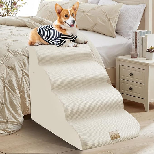 Mestuel Dog Stairs for Small Dogs Cats, Small Pet Stairs Steps, Foam 6-Tier Pet Stairs Steps for Couch Sofa, Dog Ramp Ladder Indoor with Nonslip Bottom &Washable Cover, Beige