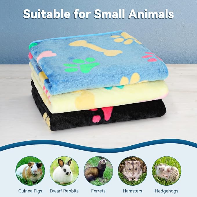 YUEPET 3 Pack Waterproof Guinea Pig Blankets Washable Small Animal Fleece Cage Liners Soft Pet Mat Pigs Bedding for Hamster Rabbit Chinchilla Ferret 35''×24'', Blue+yellow+black